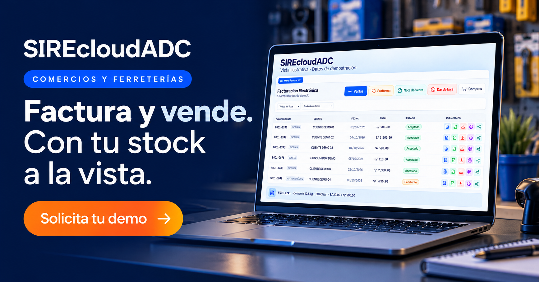 SIREcloudADC para comercios y ferreterías. Factura y vende. Con tu stock a la vista. Vista ilustrativa con datos de demostración.