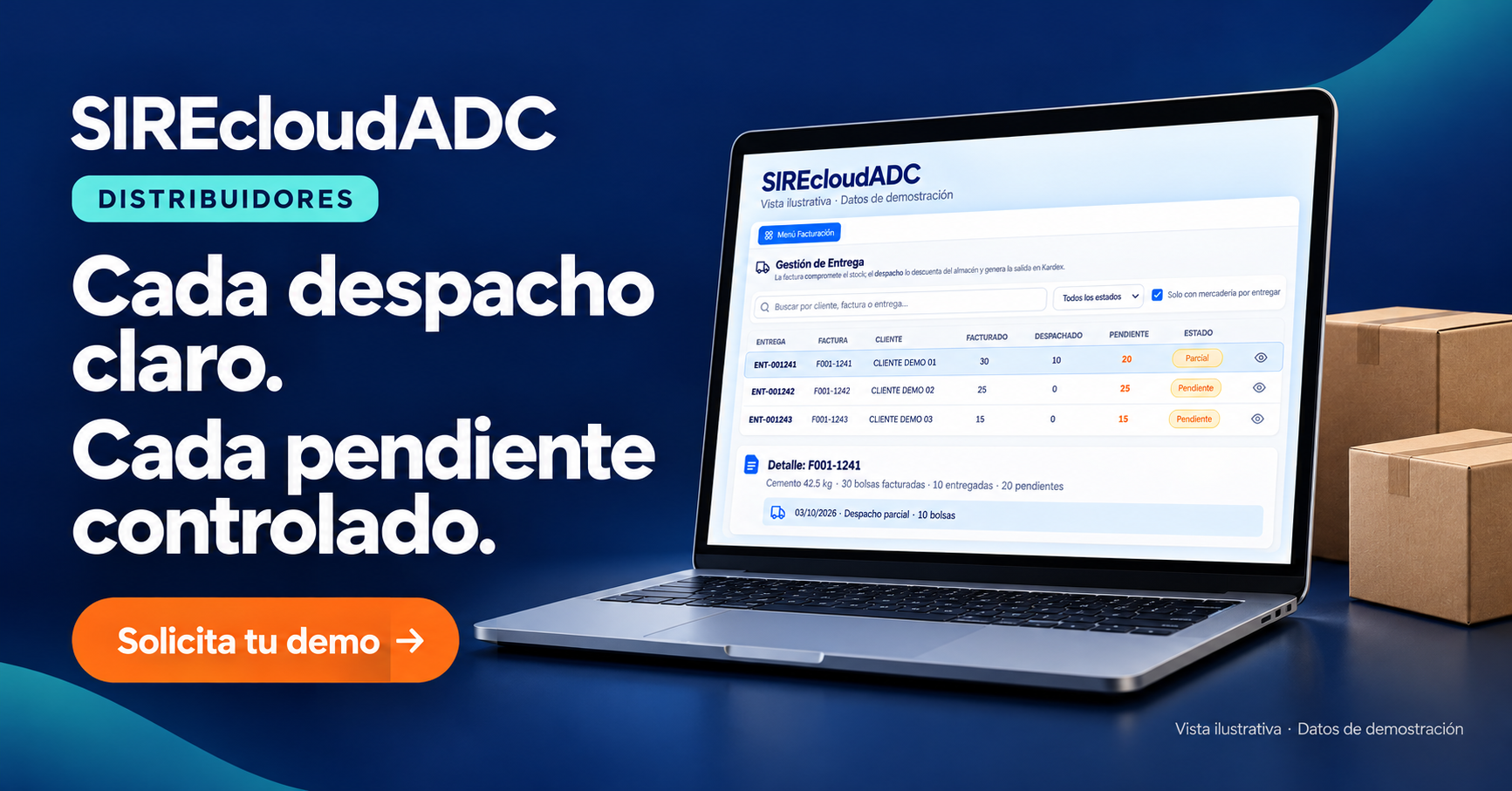 SIREcloudADC para distribuidores. Cada despacho claro. Cada pendiente controlado. Vista ilustrativa con datos de demostración.