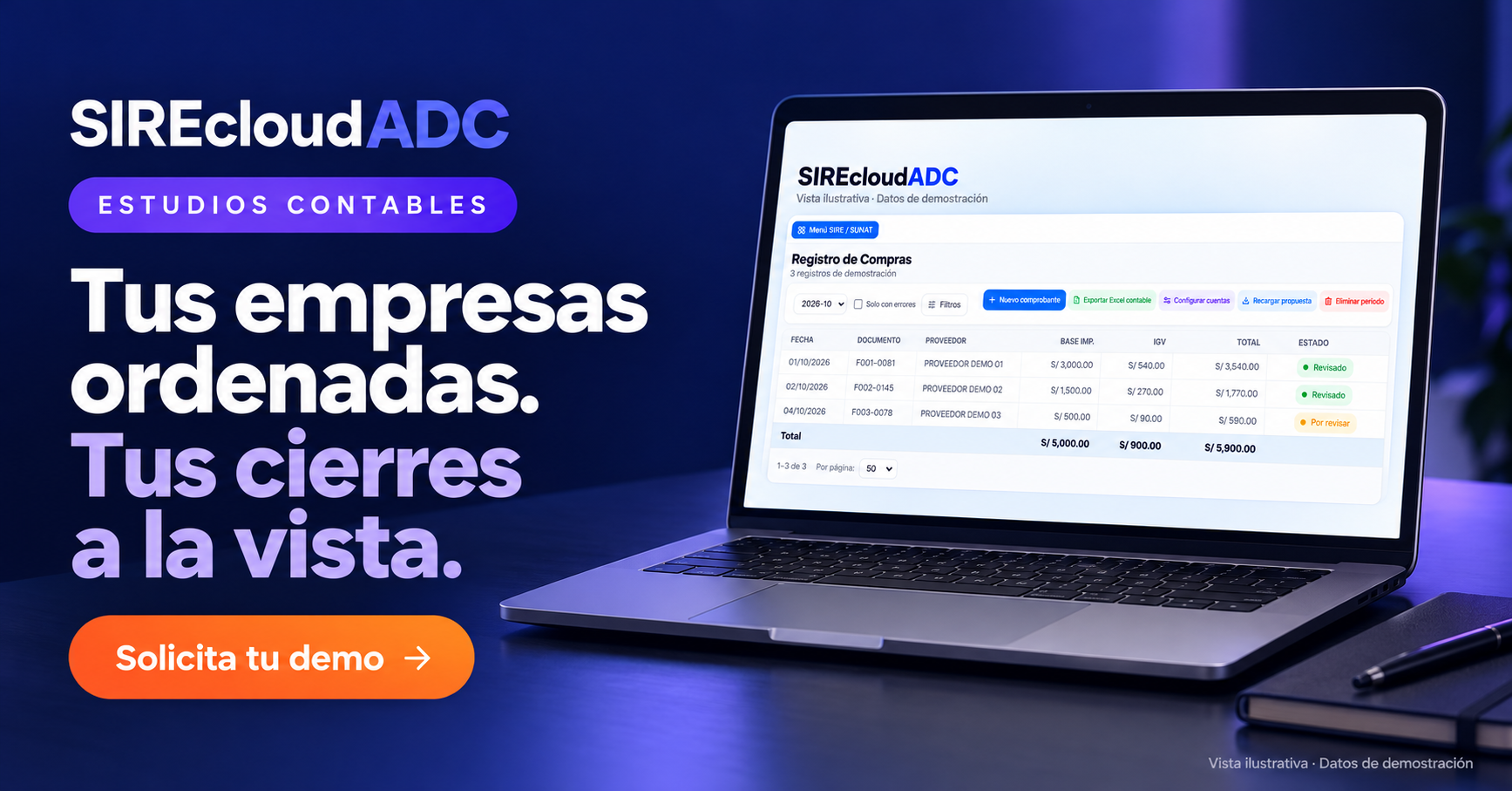 SIREcloudADC para estudios contables. Tus empresas ordenadas. Tus cierres a la vista. Vista ilustrativa con datos de demostración.